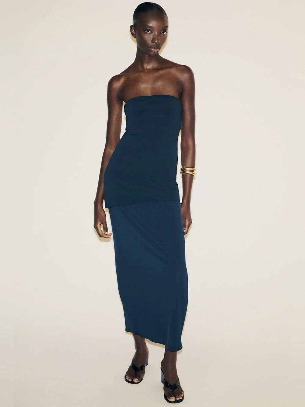 NWT. Zara Dark Blue Strapless Midi Dress. Size S.